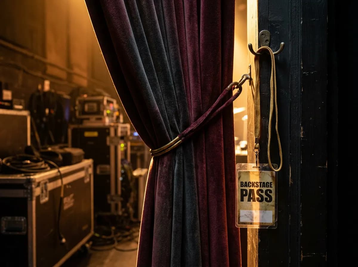 A velvet stage curtain pulled back beside a lanyard backstage pass under low light