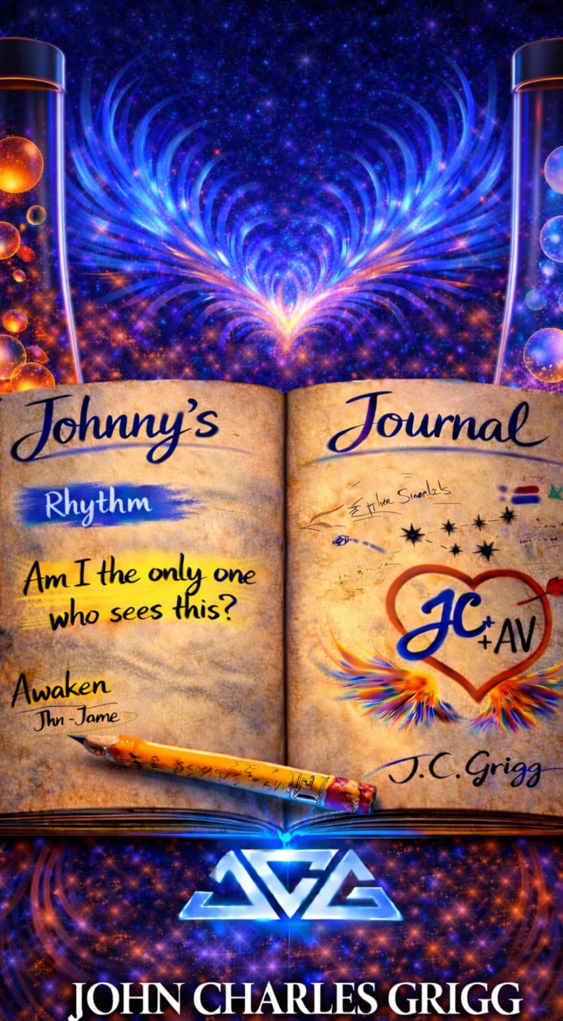 Johnny's Journal cover art, an open journal beneath glowing wings