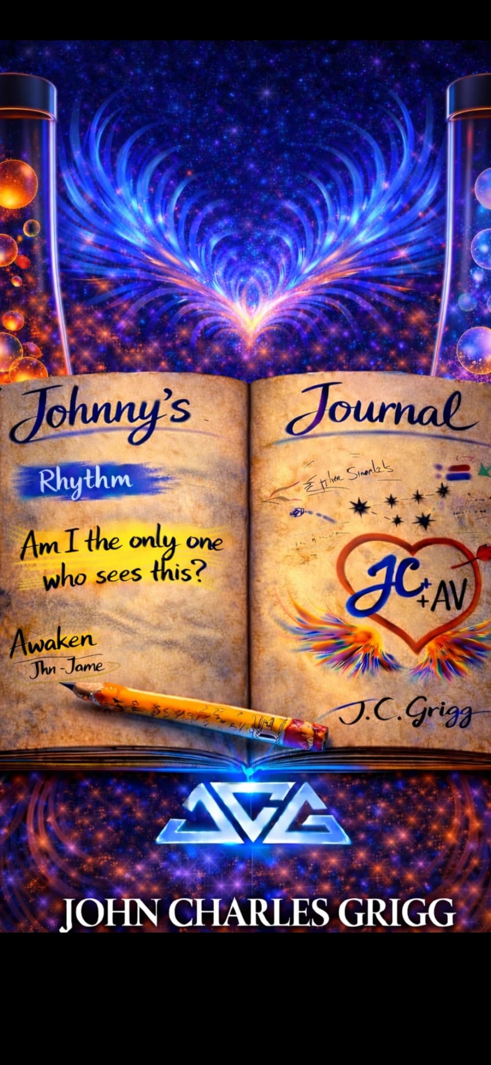 Johnny's Journal cover art, an open journal beneath glowing wings