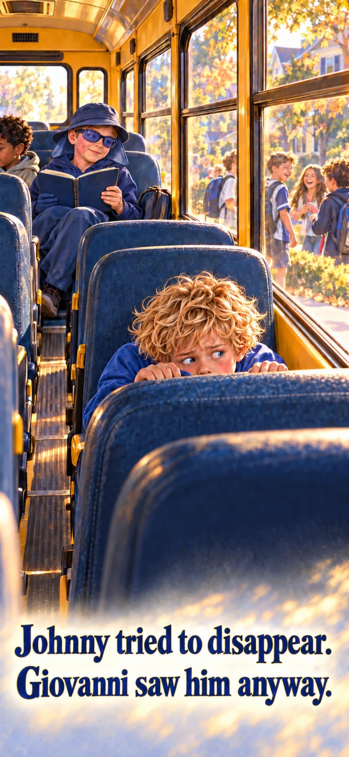 Johnny tried to disappear. Giovanni saw him anyway. Johnny ducks behind a school bus seat while another boy reads nearby.