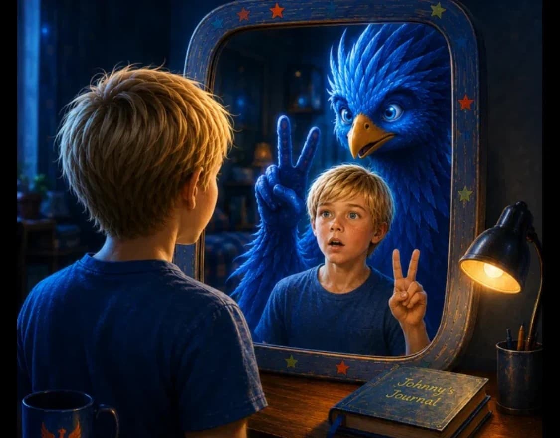Johnny faces his reflection in a star-framed mirror, where a blue-feathered friend, Pax, looks back