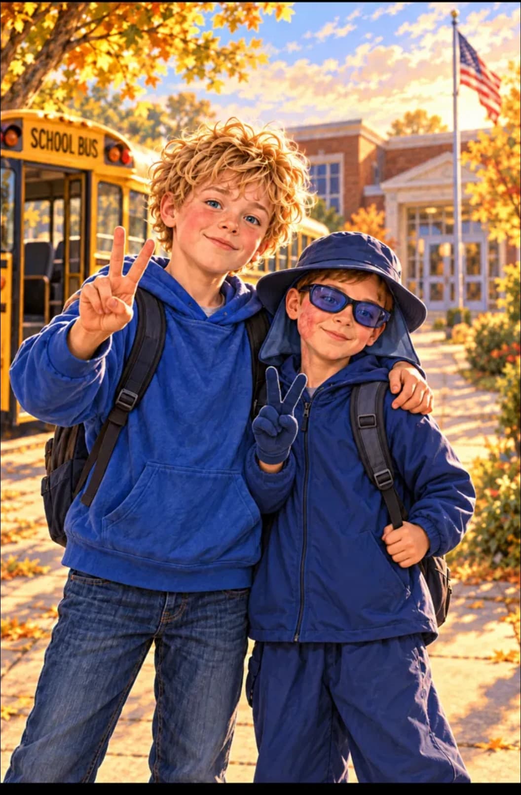 Two boys giving peace signs in front of a school bus outside their school
