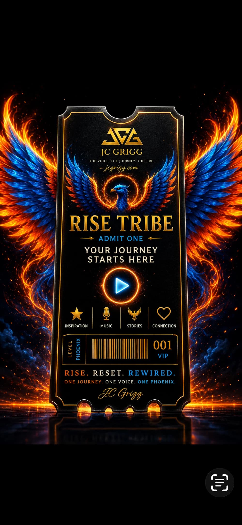 Rise Tribe Admit One ticket, gold and blue phoenix wings on black