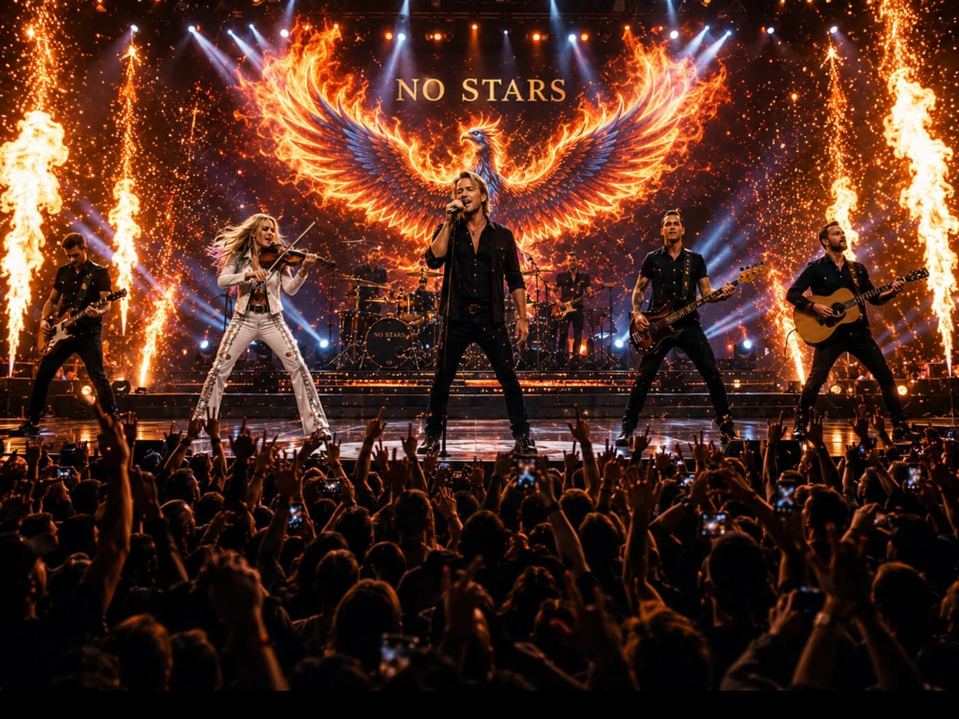 JC Grigg & No Stars performing live on stage with a flaming phoenix backdrop and the crowd's hands raised