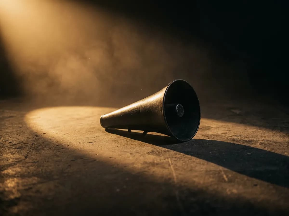 A hand-held megaphone resting on a stage floor under warm directional light