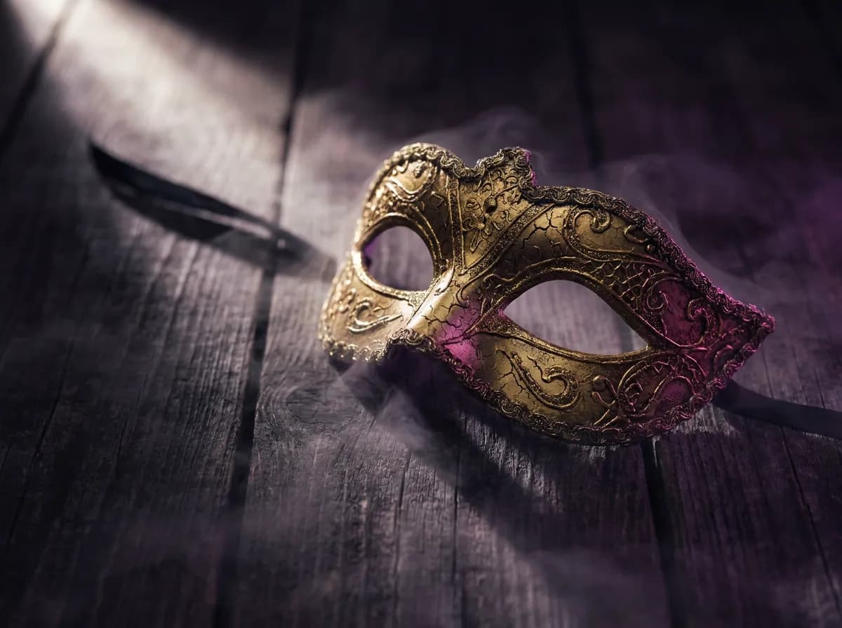 A cracked golden theatrical mask half-lit against a dark charcoal backdrop