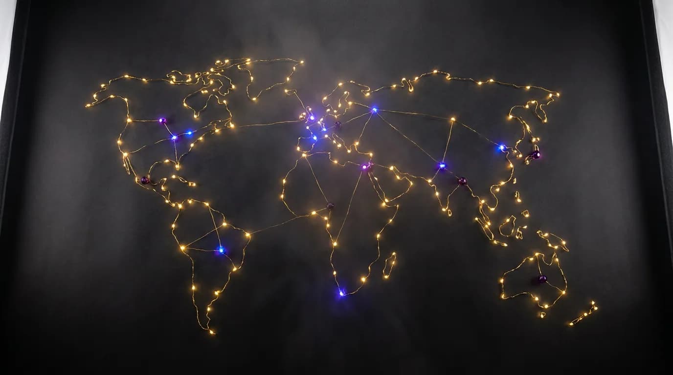 Abstract constellation map connecting glowing gold nodes across a dark charcoal field