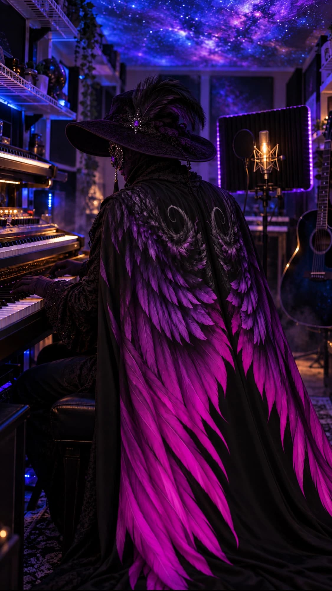 Vincerò, masked and cloaked in a plum feathered cape, playing keys in a starlit studio